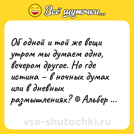 Шутка: Об одной и той же вещи утром мы думаем одно, вечером другое. Но где истина – в ночных думах или в дневных размышлениях? © Альбер Камю