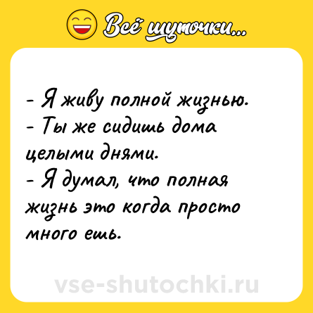 Шутка: - Я живу полной жизнью. <br>- Ты же сидишь дома целыми днями. <br>- Я думал, что полная жизнь это когда просто много ешь.