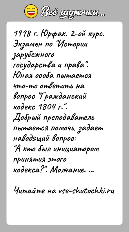 История: 1998 г. Юрфак. 2-ой курс. Экзамен по Истории зарубежного государства и права .Юная особа пытается что-то ответить на вопрос Гражданский кодекс