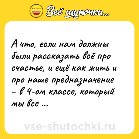 Шутка: А что, если нам должны были рассказать всё про счастье, и ещё как жить и про наше предназначение – в 4-ом классе, который мы все пропустили.
