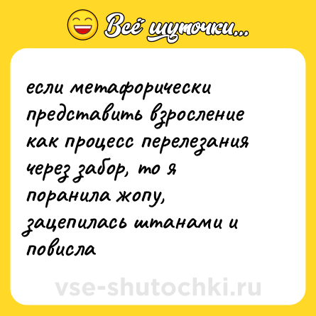 Шутка: если метафорически представить взросление как процесс перелезания через забор, то я поранила жопу, зацепилась штанами и повисла
