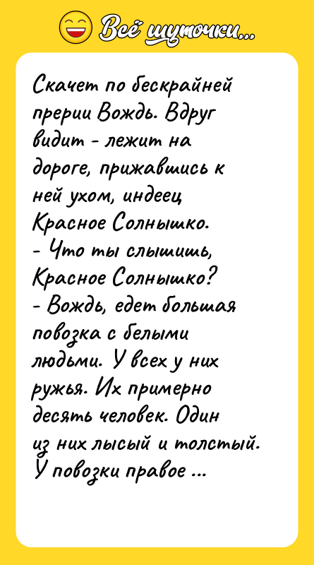Скачет по бескрайней прерии Вождь. Вдруг видит - лежит на