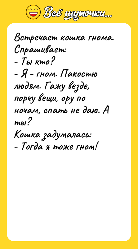 Встречает кошка гнома. Спрашивает: - Ты кто? - Я