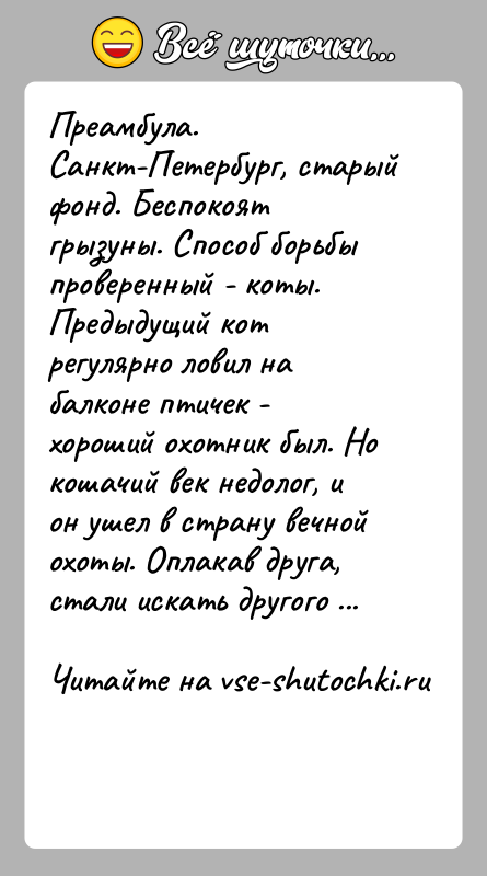 История: Преамбула.Санкт-Петербург, старый фонд. Беспокоят грызуны. Способ борьбы проверенный - коты. Предыдущий кот регулярно ловил на балконе птичек - хороший охотник