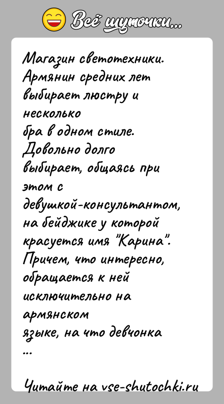 История: Магазин светотехники. Армянин средних лет выбирает люстру и несколькобра в одном стиле. Довольно долго выбирает, общаясь при этом сдевушкой-консультантом, на
