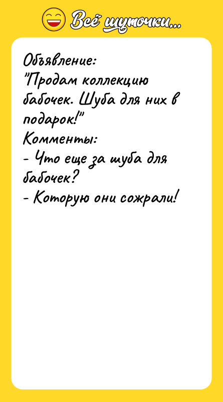 Объявление: Продам коллекцию бабочек. Шуба для них в подарок! Комменты: