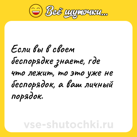 Шутка: Если вы в своем беспорядке знаете, где что лежит, то это уже не беспорядок, а ваш личный порядок.