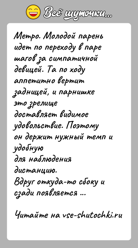История: Метро. Молодой парень идет по переходу в паре шагов за симпатичнойдевицей. Та по ходу аппетитно вертит задницей, и парнишке это