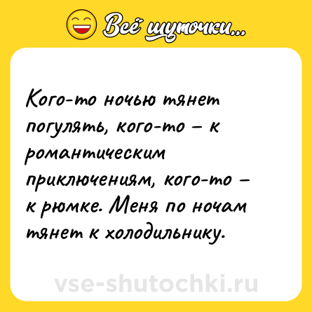 Шутка: Кого-то ночью тянет погулять, кого-то – к романтическим приключениям, кого-то – к рюмке. Меня по ночам тянет к холодильнику.