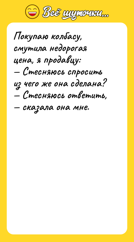 Покупаю колбасу, смутила недорогая цена, я продавцу: — Стесняюсь спросить