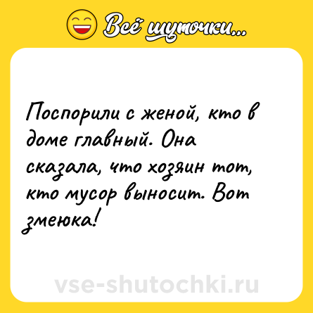 Шутка: Поспорили с женой, кто в доме главный. Она сказала, что хозяин тот, кто мусор выносит. Вот змеюка!