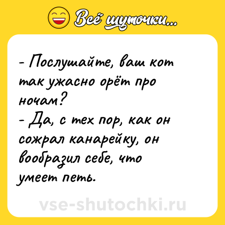 Шутка: - Послушайте, ваш кот так ужасно орёт про ночам?<br>- Да, с тех пор, как он сожрал канарейку, он вообразил себе, что умеет петь.