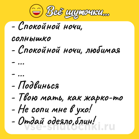 Шутка: - Спокойной ночи, солнышко<br>- Спокойной ночи, любимая<br>- …<br>- …<br>- Подвинься<br>- Твою мать, как жарко-то<br>- Не сопи мне в ухо!<br>- Отдай одеяло,блин!