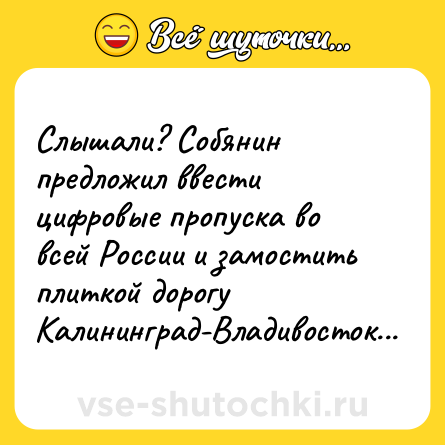 Шутка: Слышали? Собянин предложил ввести цифровые пропуска во всей России и замостить плиткой дорогу Калининград-Владивосток...