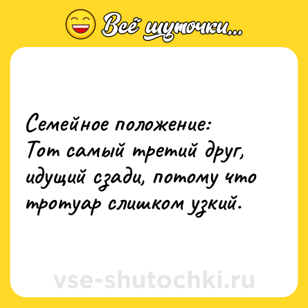 Шутка: Семейное положение: <br>Тот самый третий друг, идущий сзади, потому что тротуар слишком узкий.