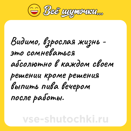 Шутка: Видимо, взрослая жизнь - это сомневаться абсолютно в каждом своем решении кроме решения выпить пива вечером после работы.