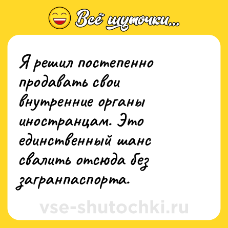Шутка: Я решил постепенно продавать свои внутренние органы иностранцам. Это единственный шанс свалить отсюда без загранпаспорта.