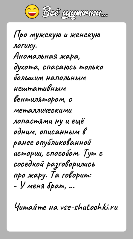 История: Про мужскую и женскую логику.Аномальная жара, духота, спасаюсь только большим напольным нештативным вентилятором, с металлическими лопастями ну и ещё одним,
