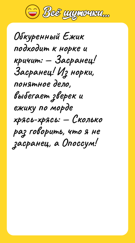 Обкуренный Ежик подходит к норке и кричит: — Засранец! Засранец!