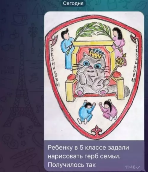 Смешная картинка №733992 Школьнику задали нарисовать герб семьи. Котик главный. дети