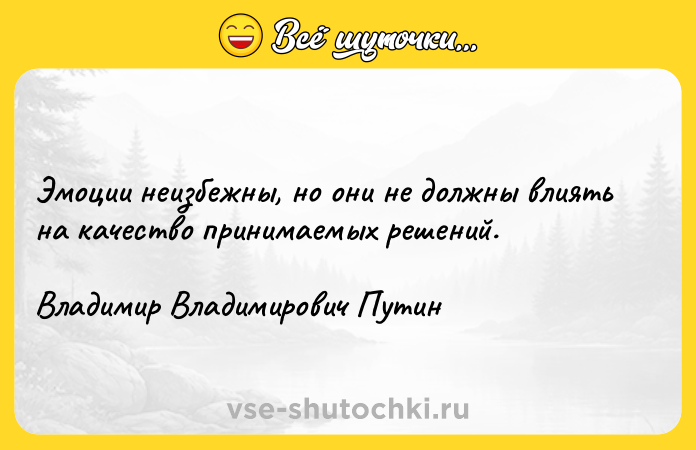 Цитата: Эмоции неизбежны, но они не должны влиять на качество принимаемых решений.Владимир Владимирович Путин