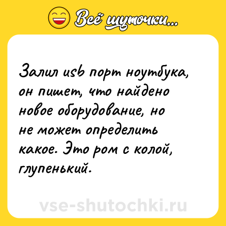 Шутка: Залил usb порт ноутбука, он пишет, что найдено новое оборудование, но не может определить какое. Это ром с колой, глупенький.