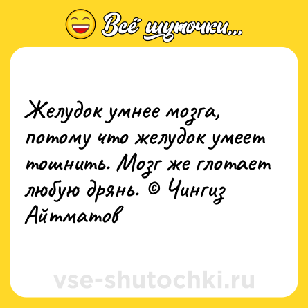 Шутка: Желудок умнее мозга, потому что желудок умеет тошнить. Мозг же глотает любую дрянь. © Чингиз Айтматов