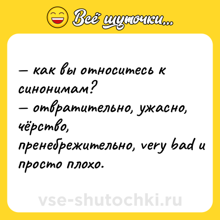 Шутка: — как вы относитесь к синонимам? <br>— отвратительно, ужасно, чёрство, пренебрежительно, very bad и просто плохо.