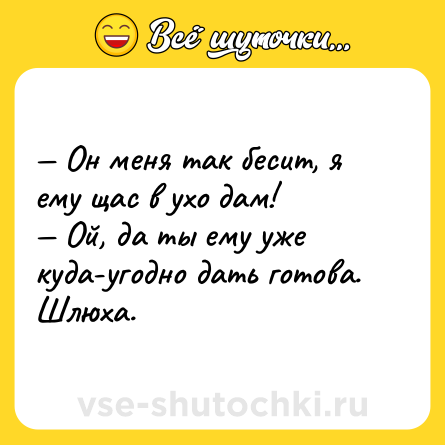 Шутка: — Он меня так бесит, я ему щас в ухо дам!<br>— Ой, да ты ему уже куда-угодно дать готова. Шлюха.