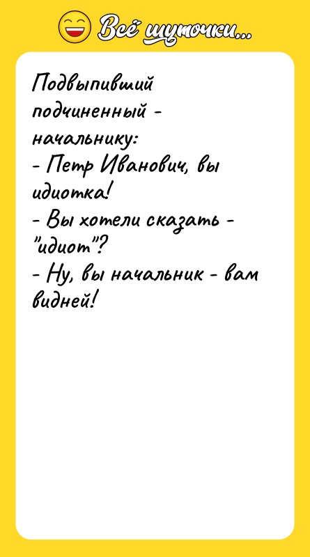 Подвыпивший подчиненный - начальнику: - Петр Иванович, вы идиотка! -