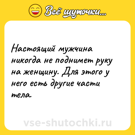 Шутка: Настоящий мужчина никогда не поднимет руку на женщину. Для этого у него есть другие части тела.