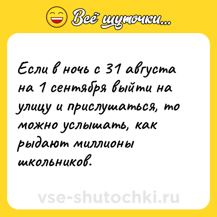 Шутка: Если в ночь с 31 августа на 1 сентября выйти на улицу и прислушаться, то можно услышать, как рыдают миллионы школьников.