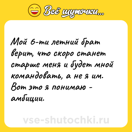 Шутка: Мой 6-ти летний брат верит, что скоро станет старше меня и будет мной командовать, а не я им. Вот это я понимаю - амбиции.