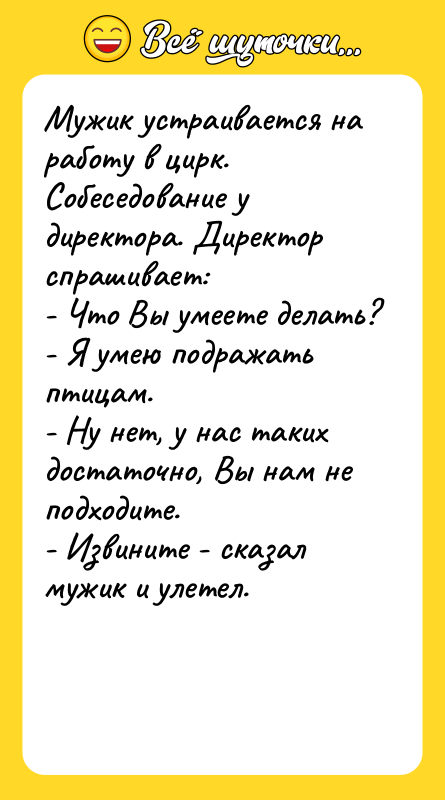 Мужик устраивается на работу в цирк. Собеседование у директора. Директор