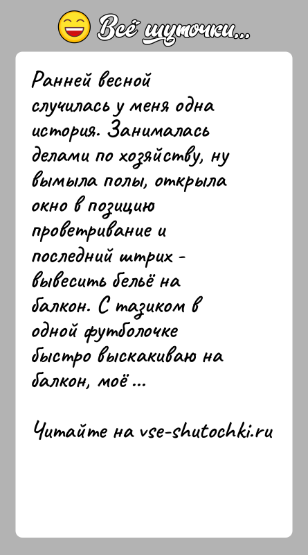 История: Ранней весной случилась у меня одна история. Занималась делами по хозяйству, ну вымыла полы, открыла окно в позицию проветривание и
