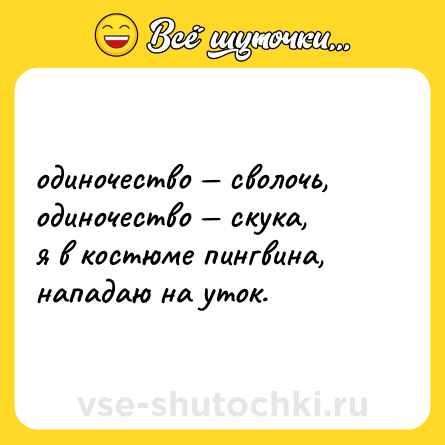 Шутка: одиночество — сволочь, <br>одиночество — скука, <br>я в костюме пингвина, <br>нападаю на уток.