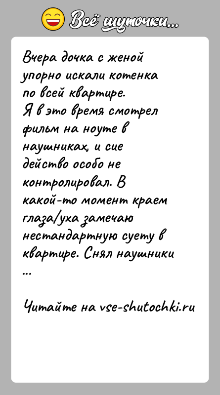История: Вчера дочка с женой упорно искали котенка по всей квартире.Я в это время смотрел фильм на ноуте в наушниках, и