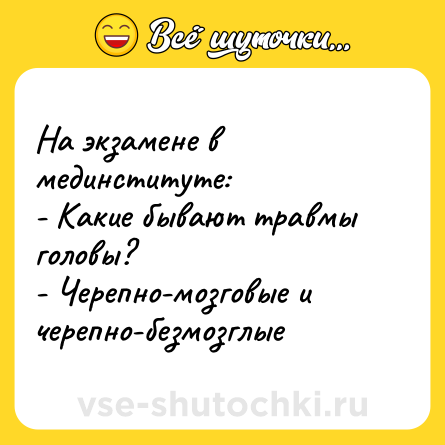 Шутка: На экзамене в мединституте:<br>- Какие бывают травмы головы?<br>- Черепно-мозговые и черепно-безмозглые