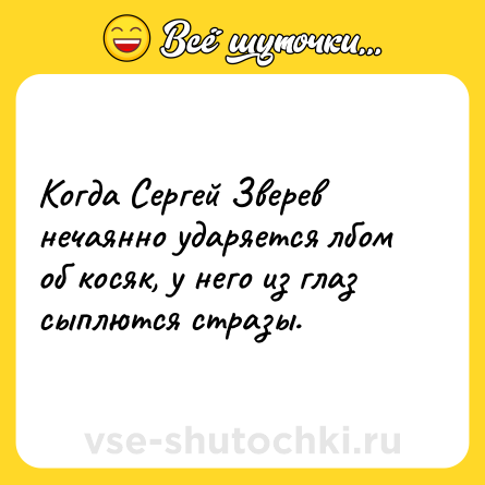 Шутка: Когда Сергей Зверев нечаянно ударяется лбом об косяк, у него из глаз сыплются стразы.