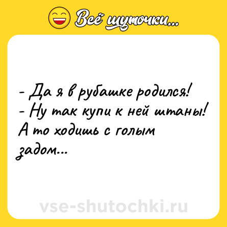 Шутка: - Да я в рубашке родился!<br>- Ну так купи к ней штаны! А то ходишь с голым задом...