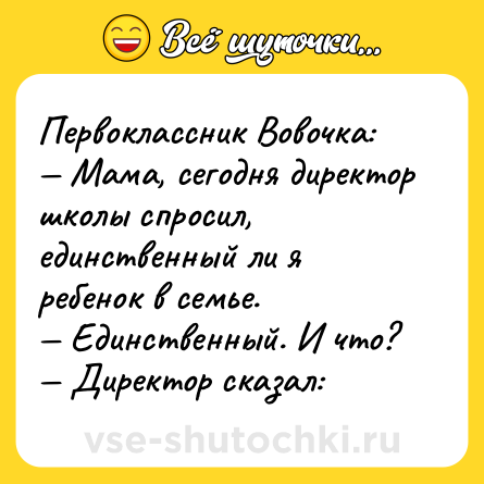Шутка: Первоклассник Вовочка: Мама, сегодня директор школы спросил, единственный ли я ребенок в семье. Единственный. И что? Директор сказал: