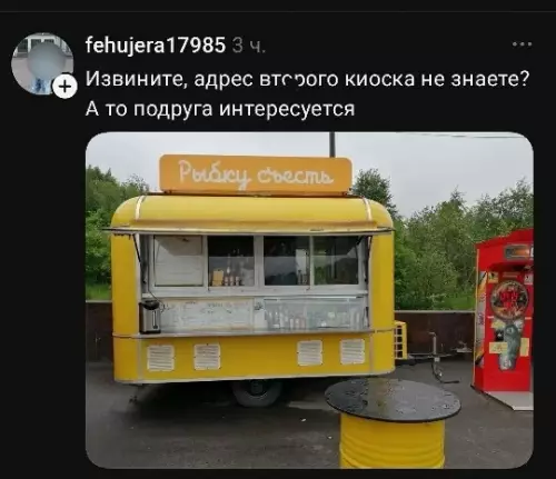 Где найти вторую порцию рыбки? 🐟🤔 - Извините, адрес второго киоска не знаете? А то подруга интересуется.