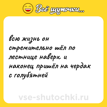 Шутка: всю жизнь он стремительно шёл по лестнице наверх. и наконец пришёл на чердак с голубятней