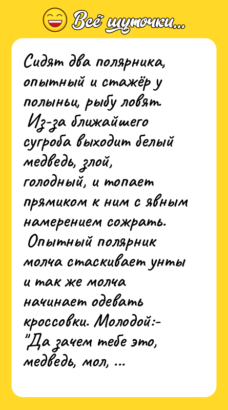 Сидят два полярника, опытный и стажёр у полыньи, рыбу ловят.