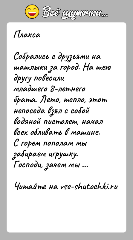 История: ПлаксаСобрались с друзьями на шашлыки за город. На шею другу повесили младшего 8-летнего брата. Лето, тепло, этот непоседа взял с