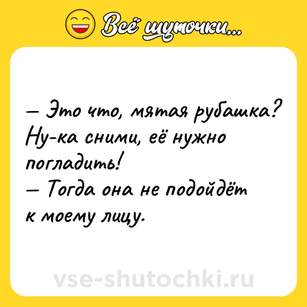 Шутка: — Это что, мятая рубашка? Ну-ка сними, её нужно погладить!<br>— Тогда она не подойдёт к моему лицу.