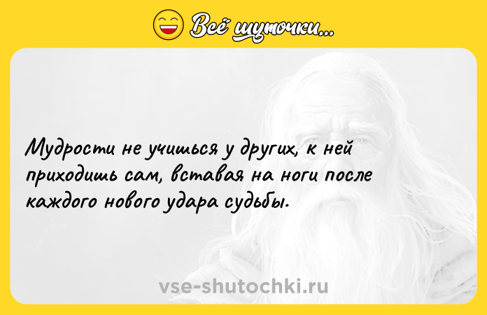 Цитата: Мудрости не учишься у других, к ней приходишь сам, вставая на ноги после каждого нового удара судьбы.