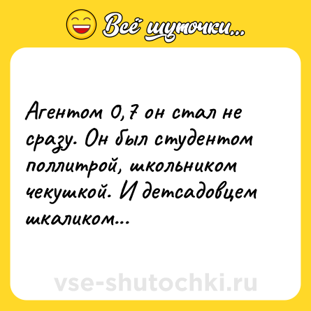 Шутка: Агентом 0,7 он стал не сразу. Он был студентом поллитрой, школьником чекушкой. И детсадовцем шкаликом...