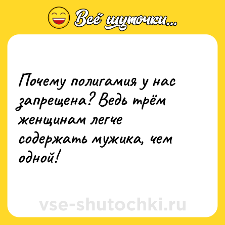 Шутка: Почему полигамия у нас запрещена? Ведь трём женщинам легче содержать мужика, чем одной!