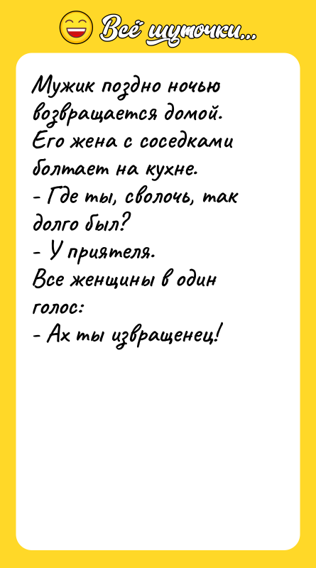 Мужик поздно ночью возвращается домой. Его жена с соседками болтает